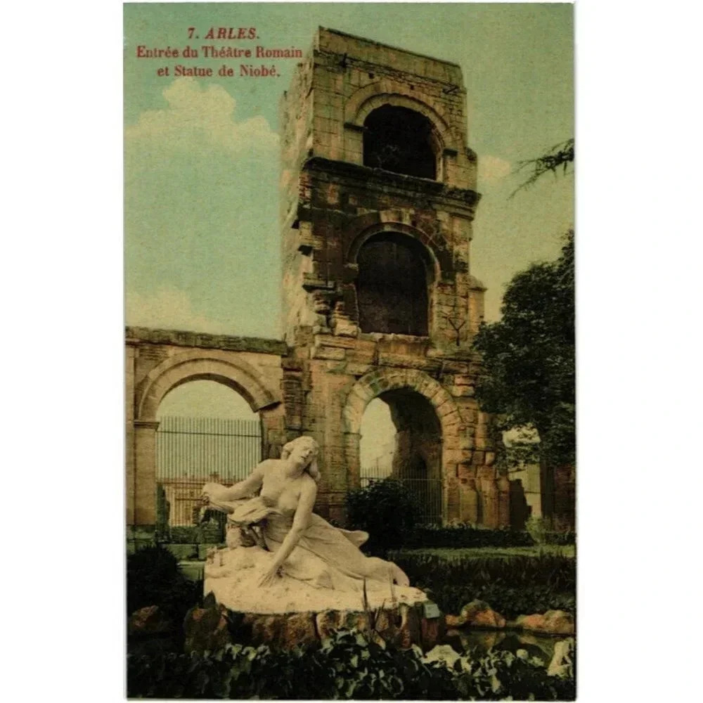 No. 7 ARLES. Entrée du Théâtre Romain et Statue de Niobé- Arles, France Postcard